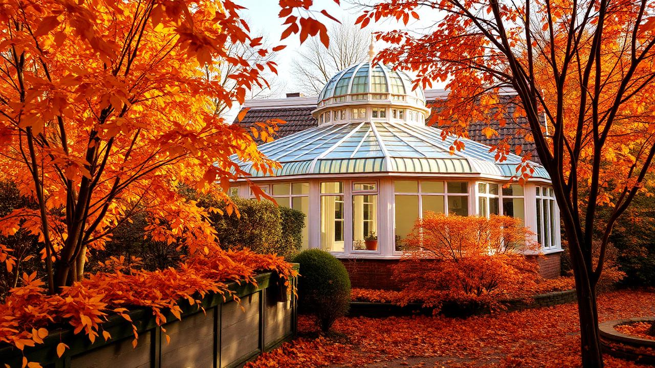 UK conservatory surrounded by golden autumn leaves and trees in warm afternoon light