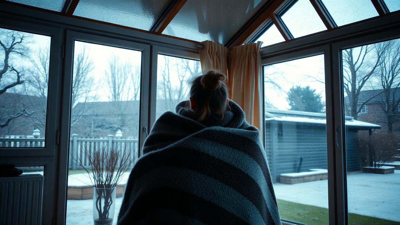 UK homeowner sitting wrapped in a blanket in a draughty cold conservatory with curtains gently moving