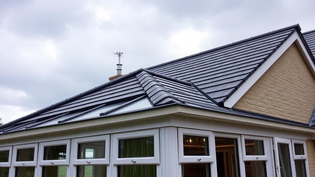 UK conservatory with a dark slate-effect tiled roof during heavy rain under stormy grey skies
