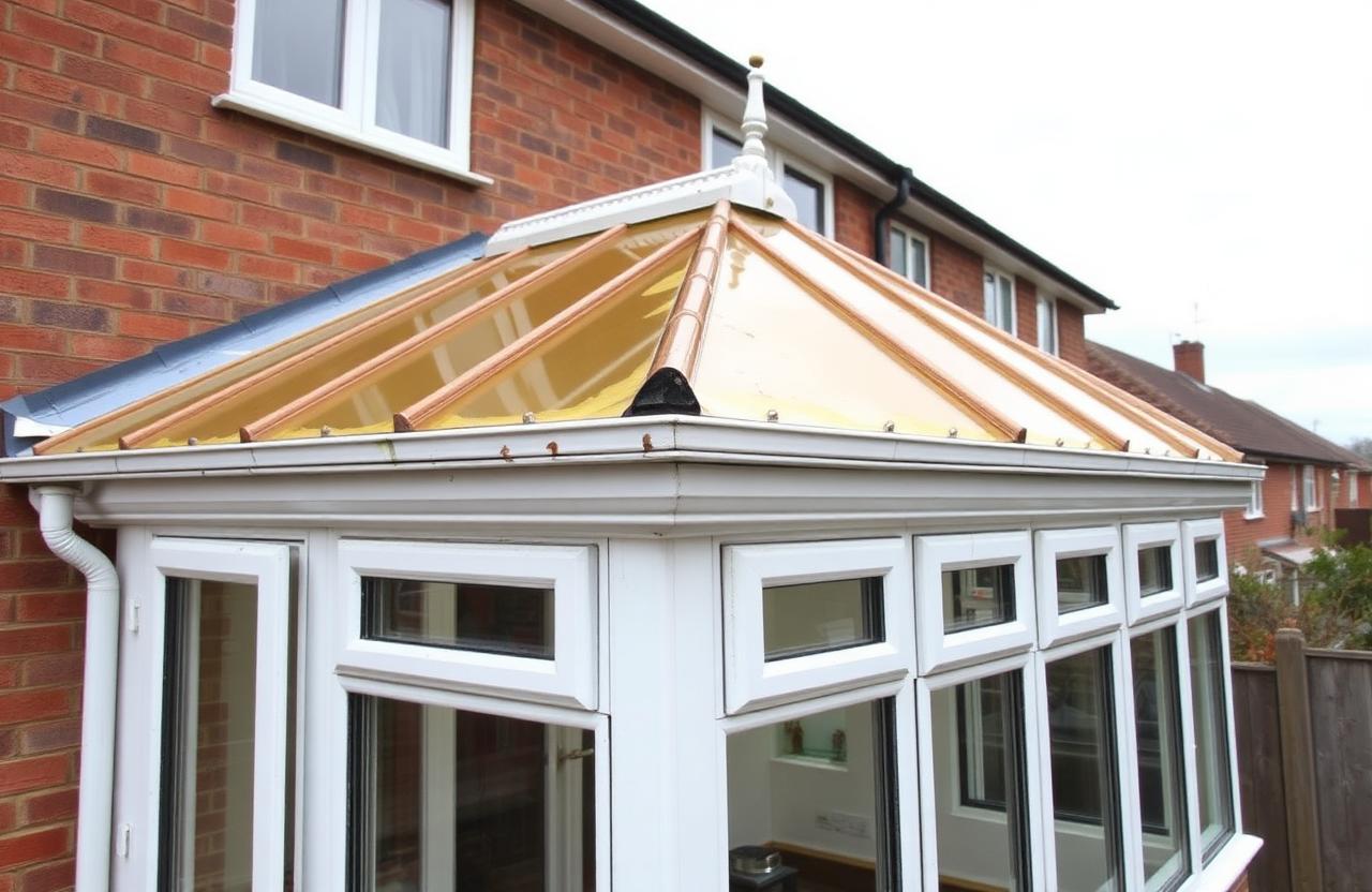 Tired UK conservatory exterior with yellowed cracked polycarbonate roof and weathered UPVC frames